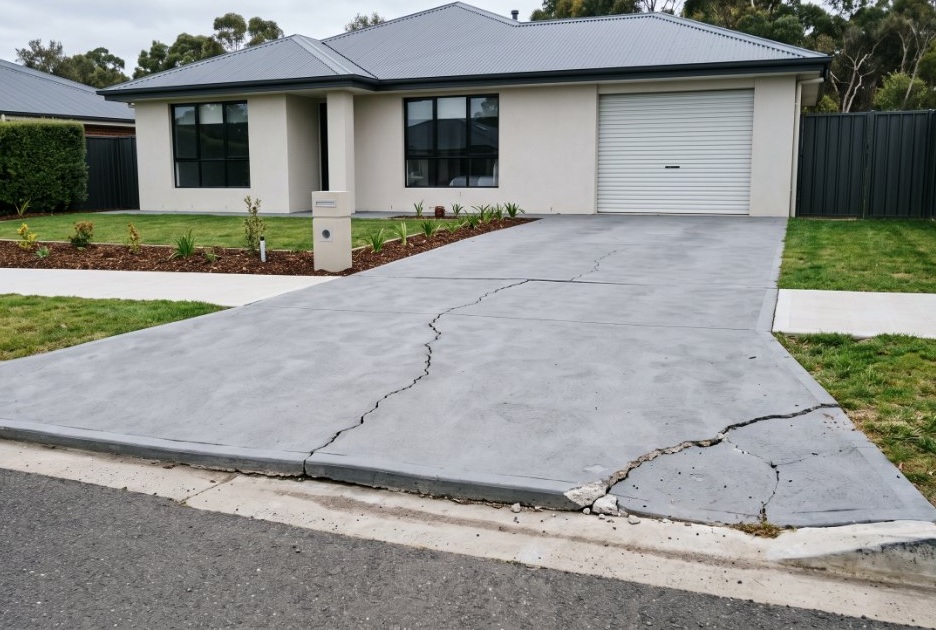 A cracked concrete driveway at a near-new home, the edge broken away at the kerb
