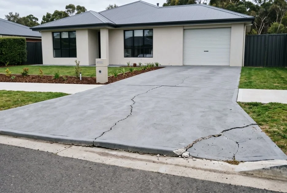A cracked concrete driveway at a near-new home, the edge broken away at the kerb