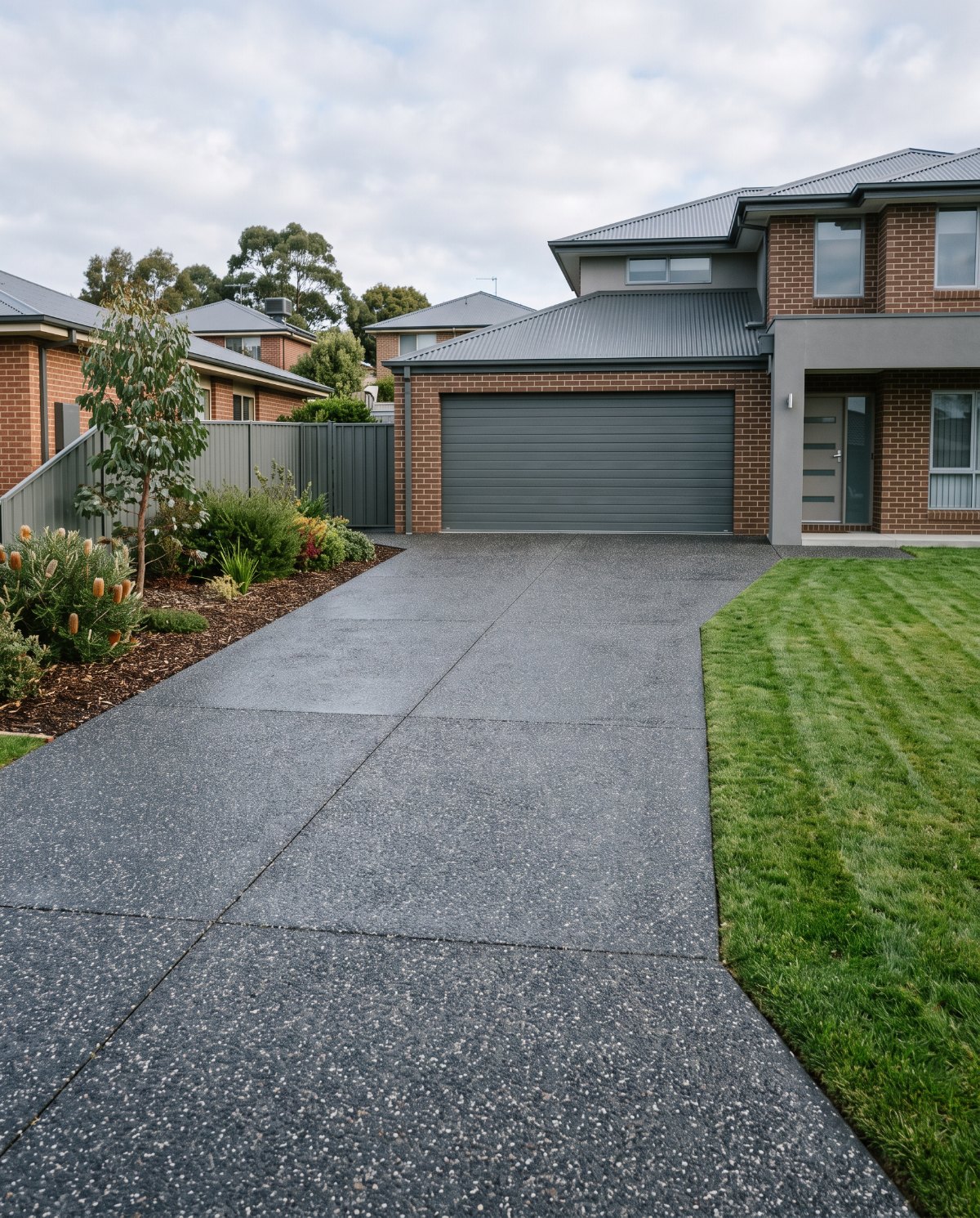 Charcoal exposed aggregate concrete driveway at a suburban home in northern Tasmania