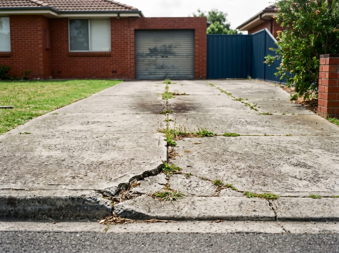 A cracked and weedy concrete driveway at a Launceston home before replacement