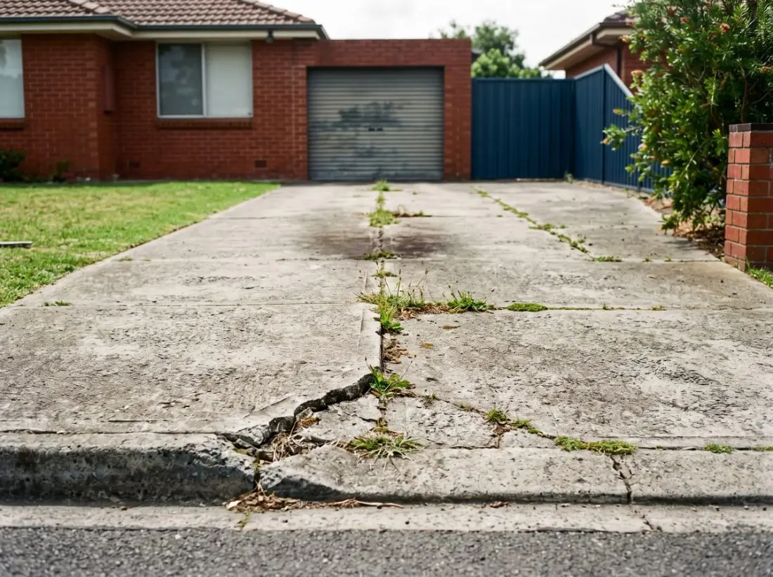 A cracked and weedy concrete driveway at a Launceston home before replacement