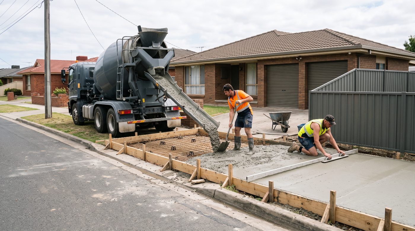 Pouring and screeding a driveway from the truck