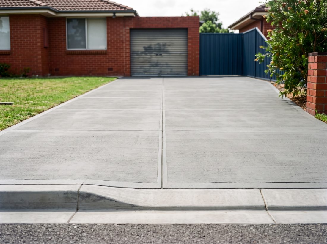 The same driveway replaced with new concrete, flat with an even broom finish