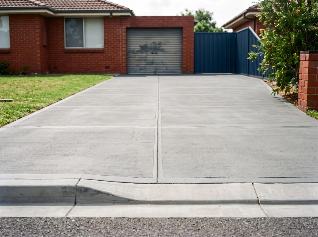 The same driveway replaced with new concrete, flat with an even broom finish