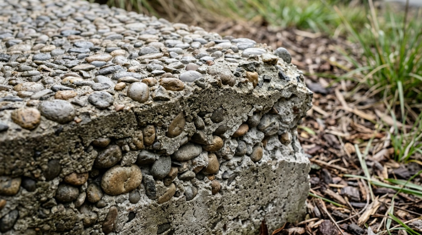 The broken edge of an exposed aggregate slab showing stone through its full depth