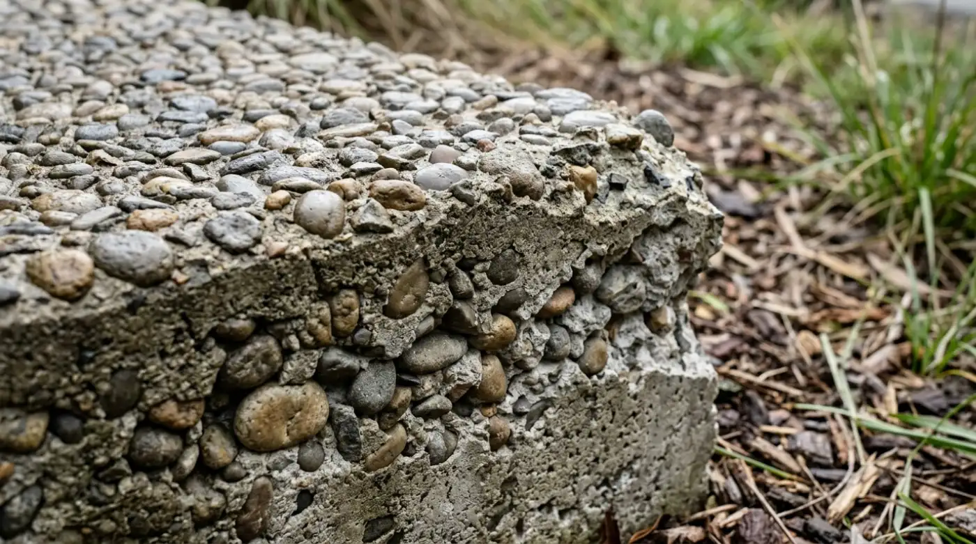 The broken edge of an exposed aggregate slab showing stone through its full depth