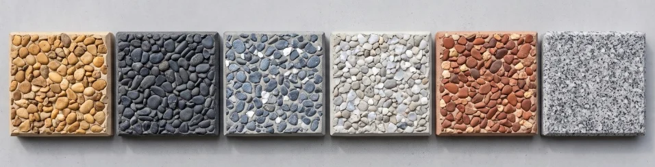 Six exposed aggregate blends laid out side by side as samples