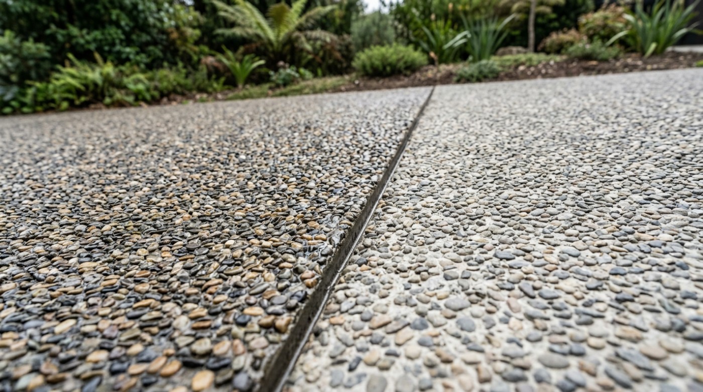 An exposed aggregate driveway half sealed and half unsealed