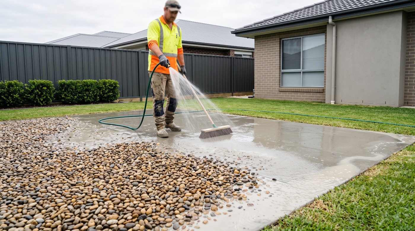Washing back a fresh concrete slab to expose the aggregate