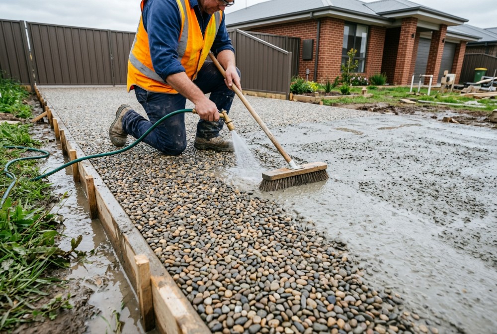 Washing back a fresh slab to expose the aggregate