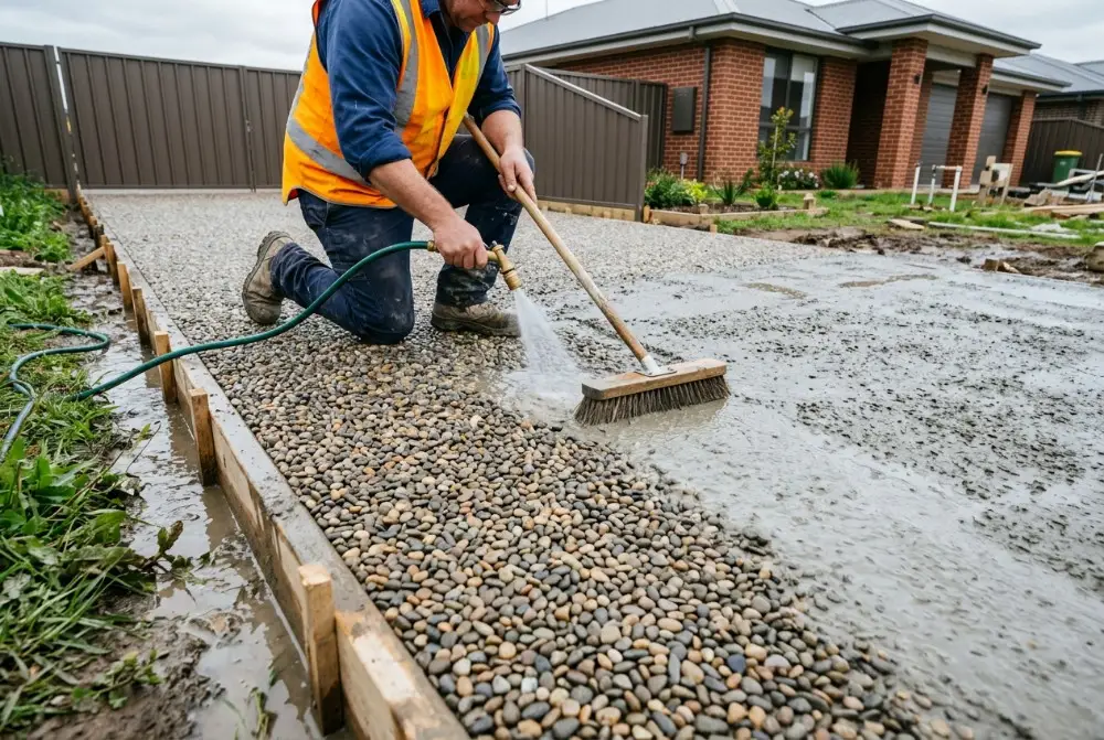 Washing back a fresh slab to expose the aggregate