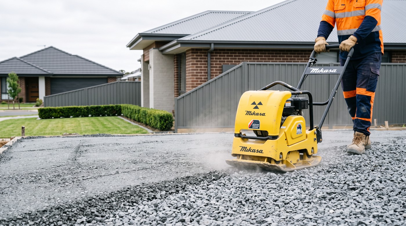 Crushed rock being compacted in layers before a concrete pour