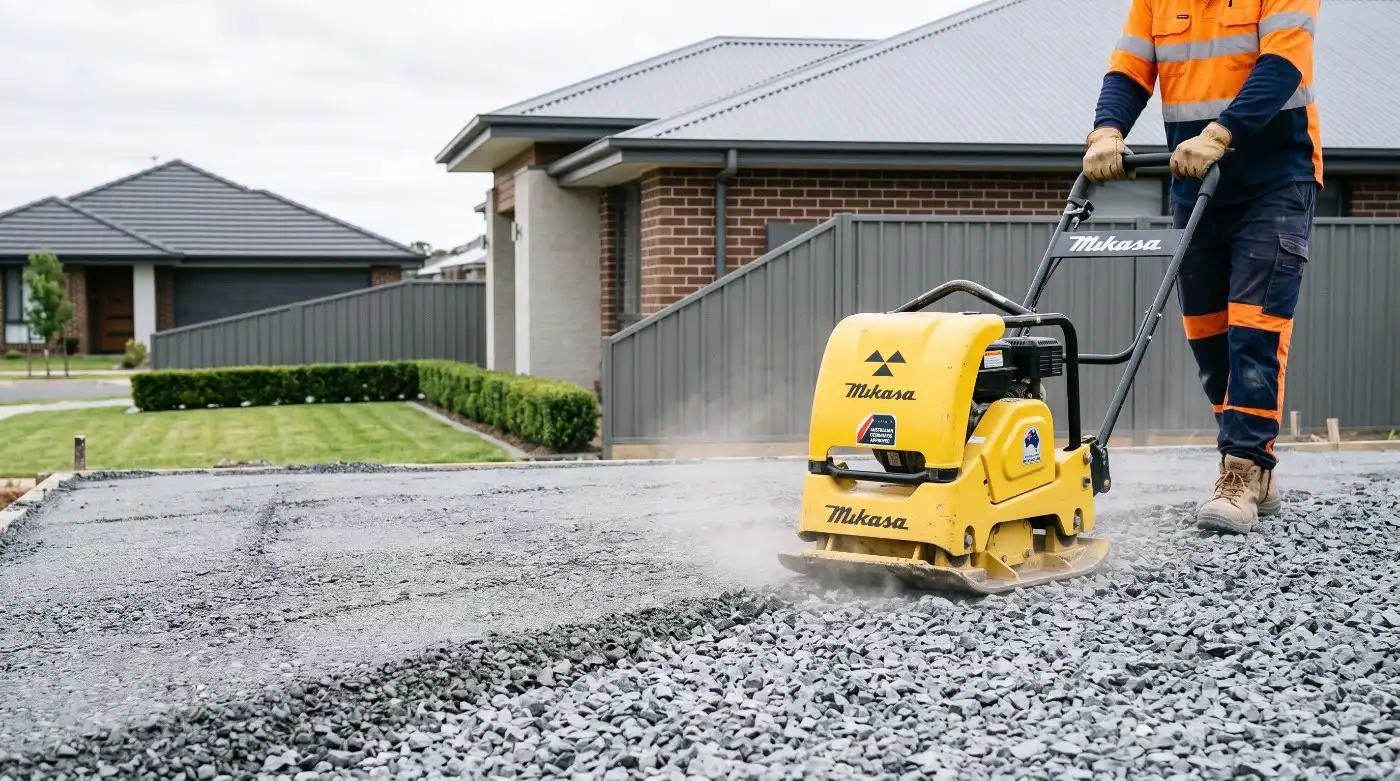 Crushed rock being compacted in layers before a concrete pour