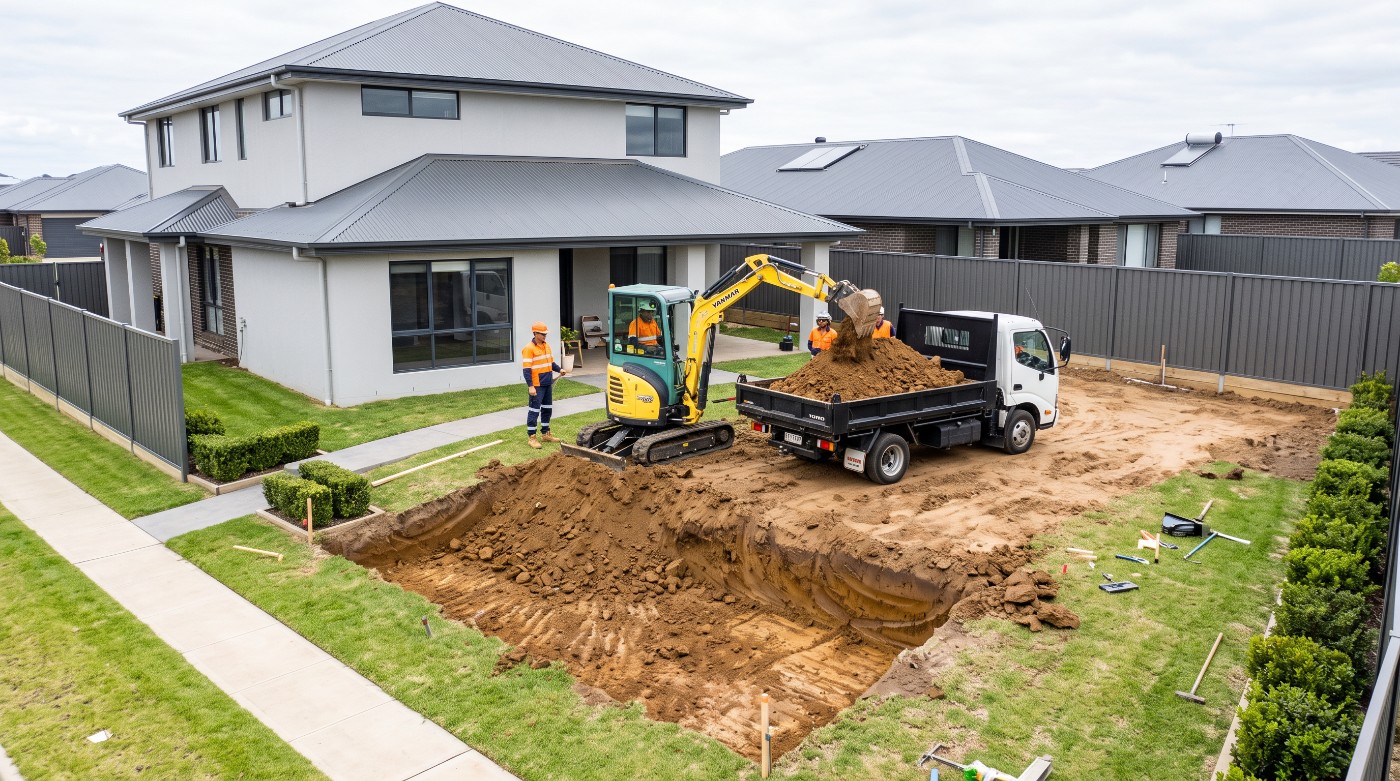 An excavator cutting a level building pad into a sloping Launceston back yard