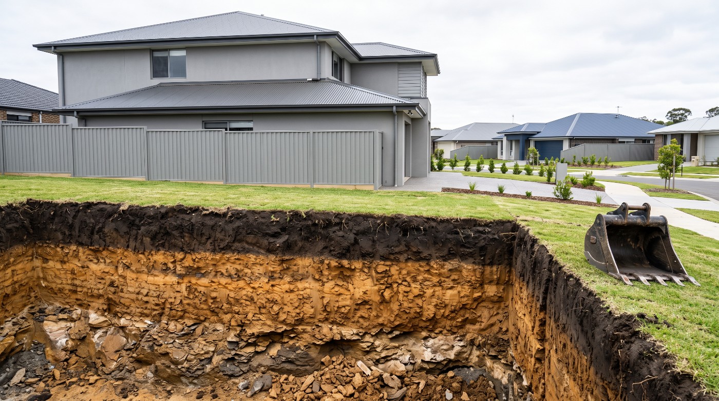 A cut face showing topsoil, clay and rock layers under a Launceston back yard