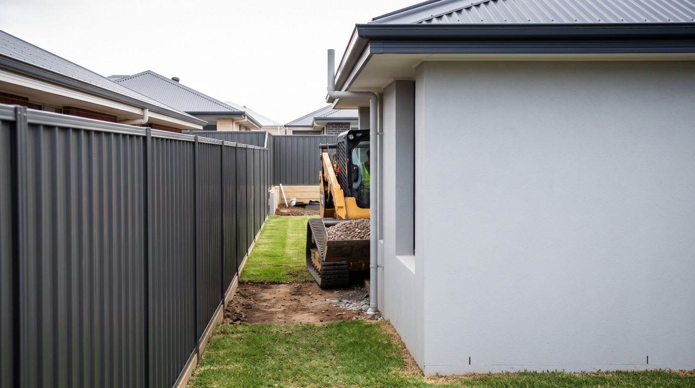 A compact loader working in a tight Launceston back yard between a fence and a house