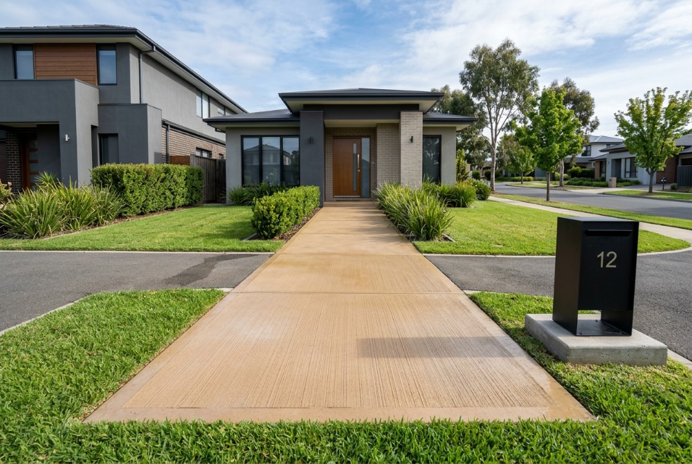 Broom finish on a narrow concrete path at a Launceston home
