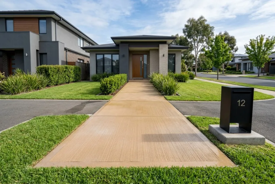 Broom finish on a narrow concrete path at a Launceston home