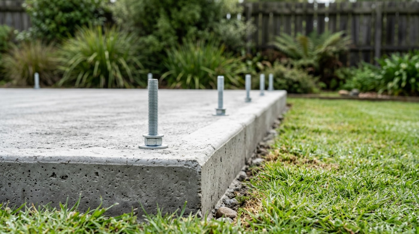 Cast-in fixings, a concrete shed slab in Launceston