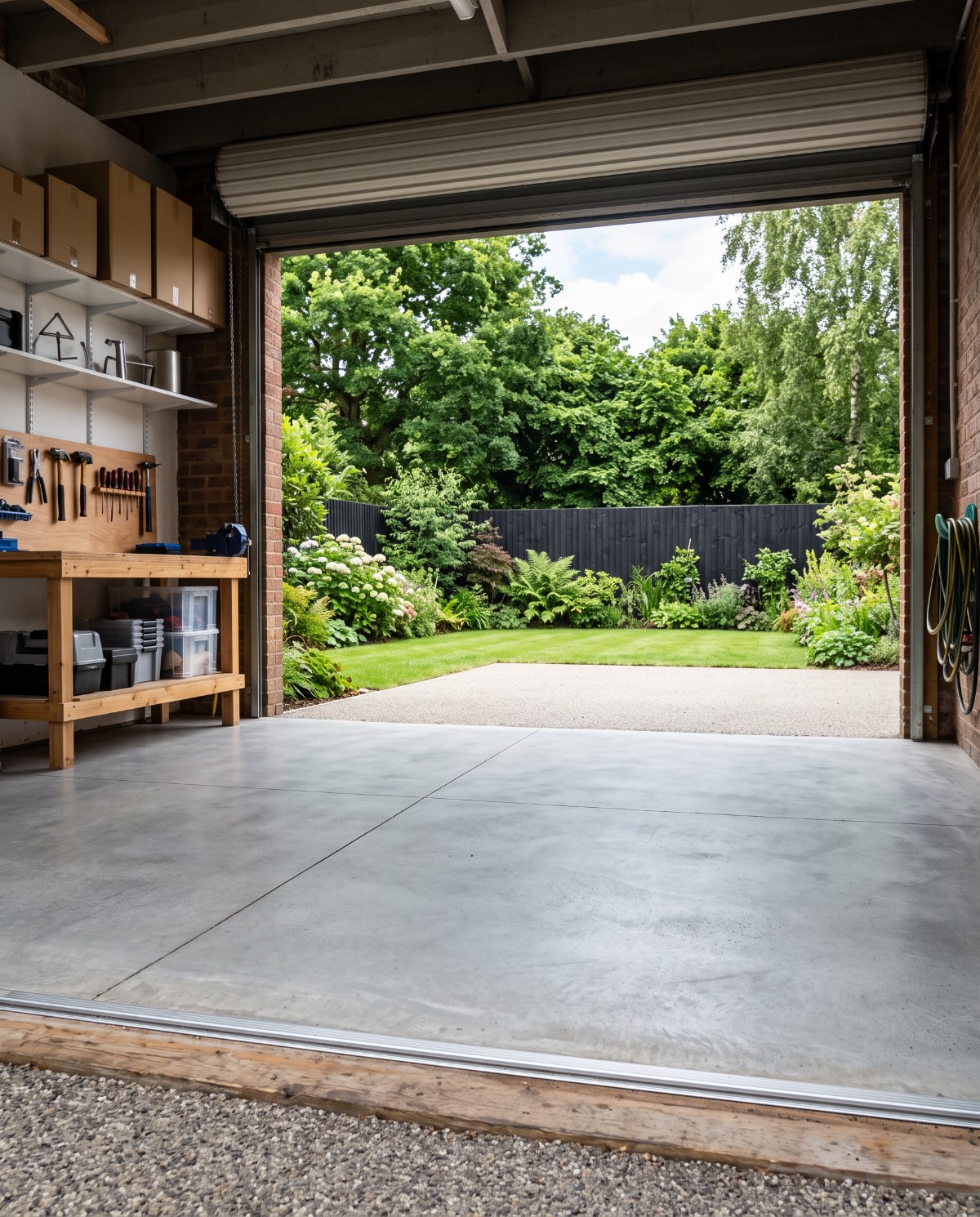 A finished concrete garage floor looking out through the open roller door in Launceston