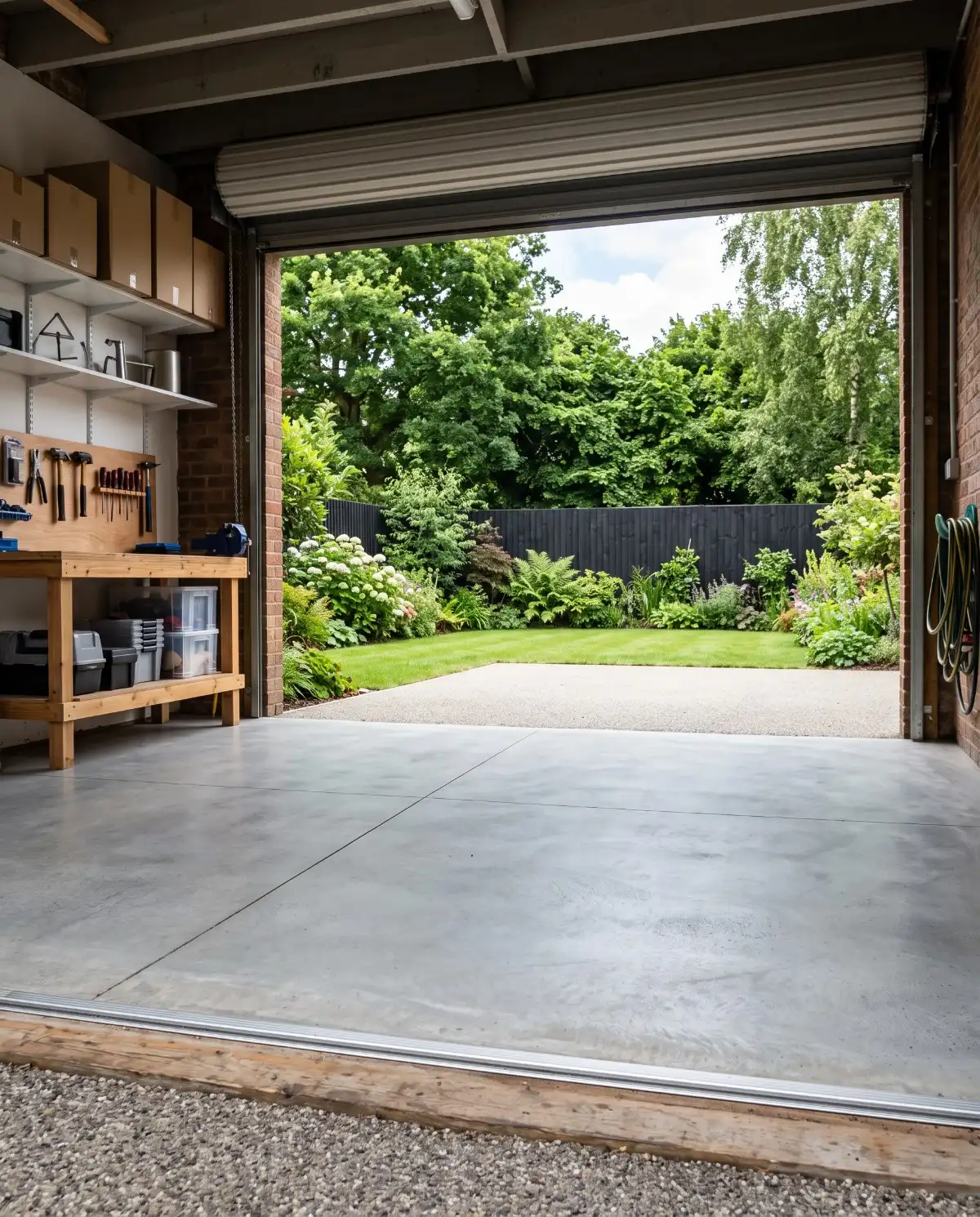 A finished concrete garage floor looking out through the open roller door in Launceston