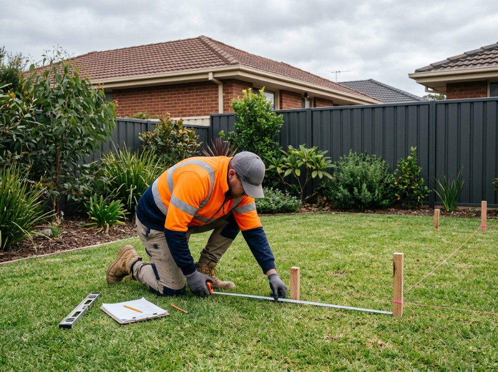 A concreter measuring out a back yard with a tape and string line before a shed slab is priced