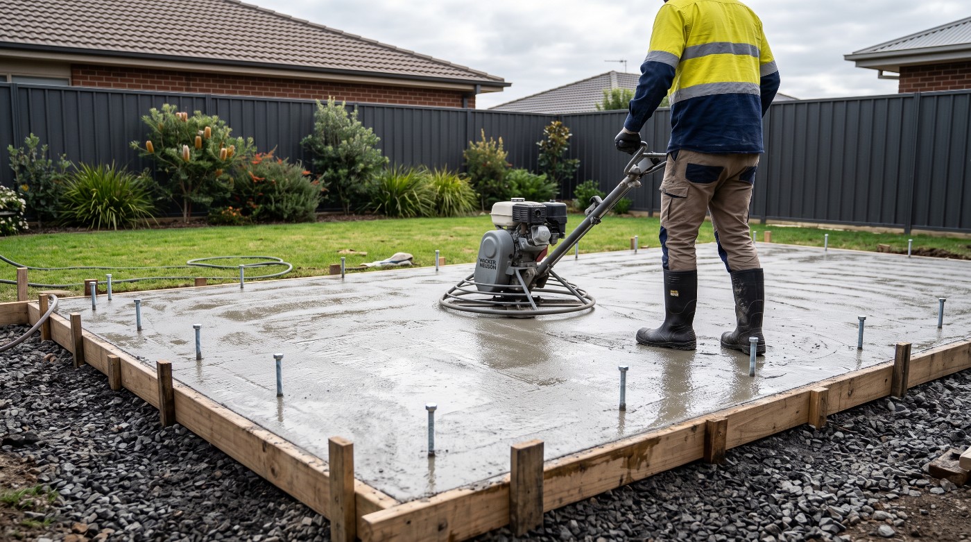 A shed slab being power floated, with the formwork still boxed and the anchor bolts set around the edge