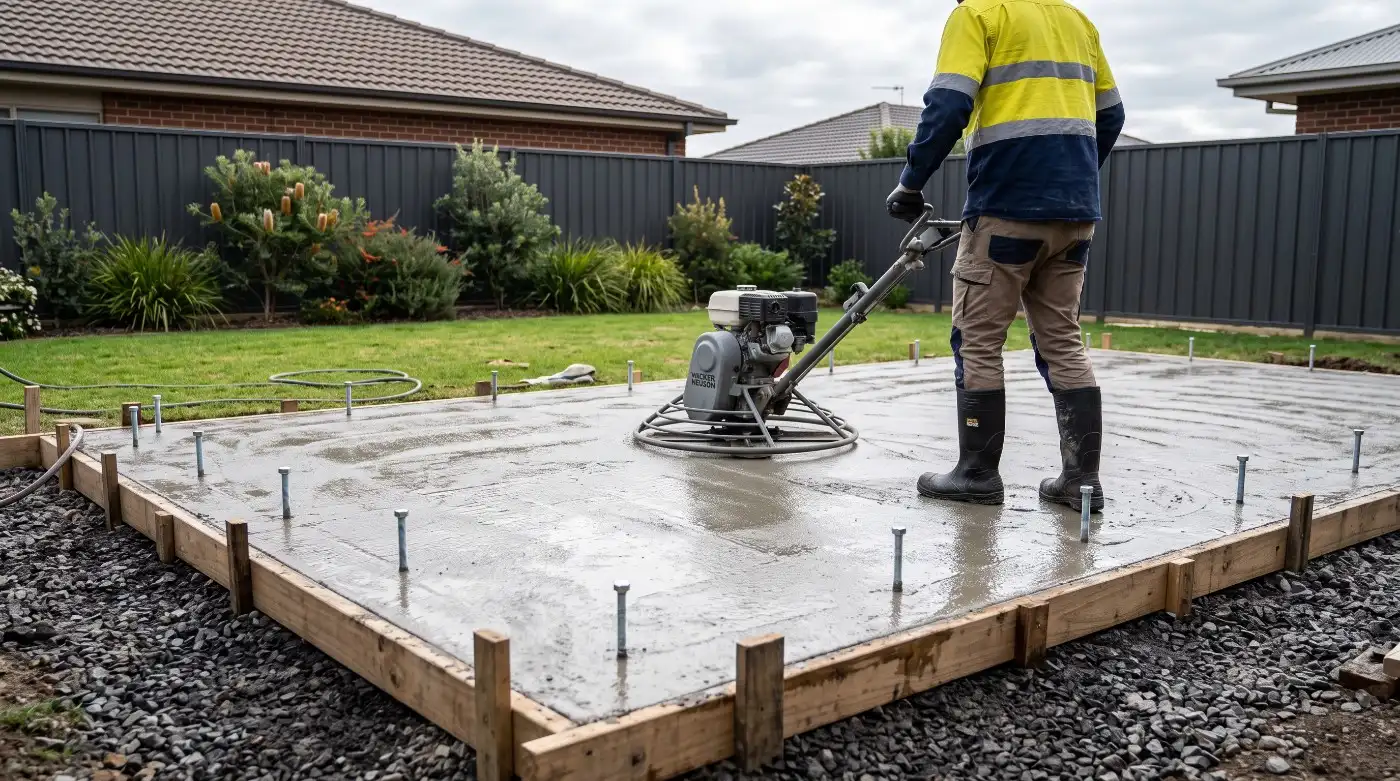 A shed slab being power floated, formwork still boxed and anchor bolts set