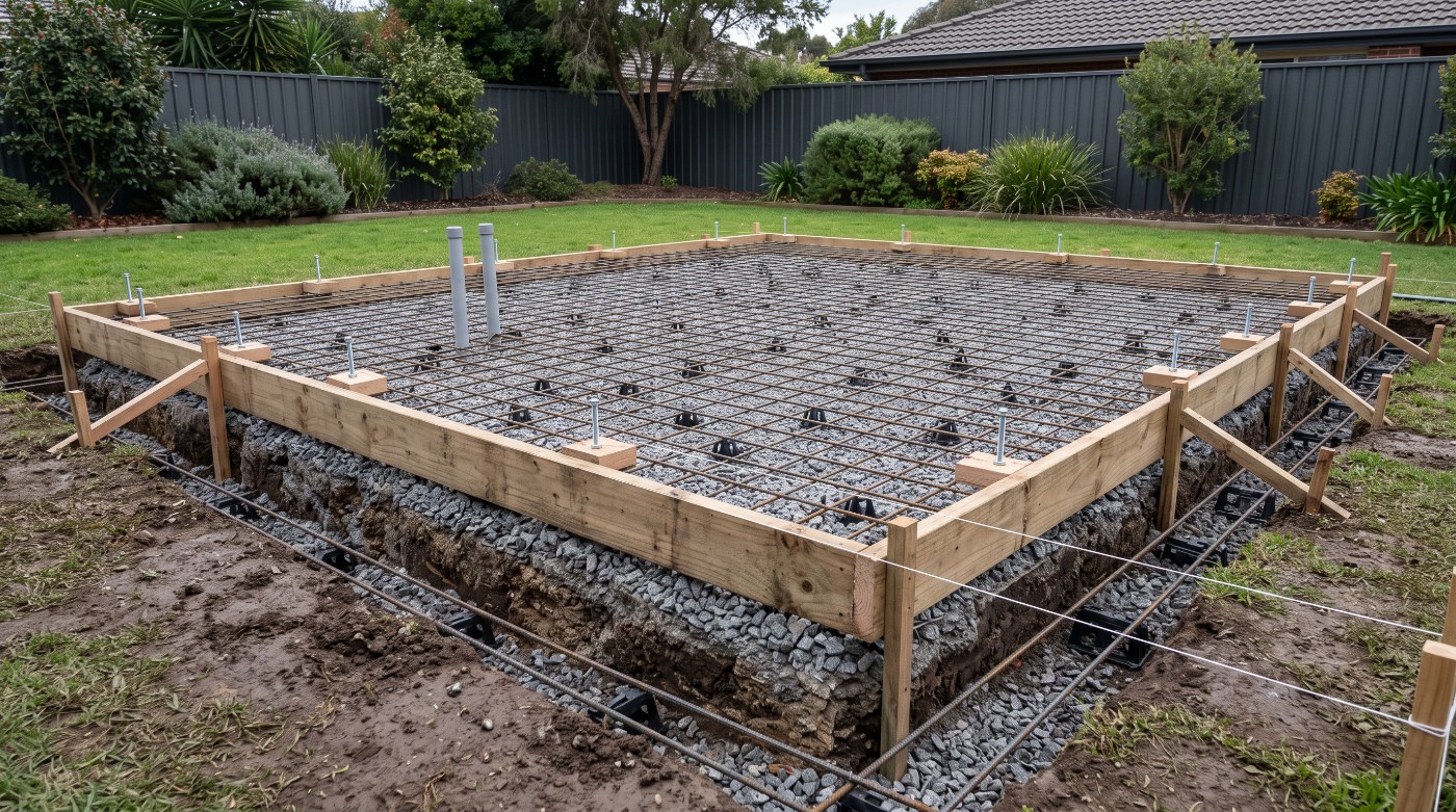 A shed slab boxed up ready to pour, with mesh on chairs, anchor bolts set and conduit standing through it