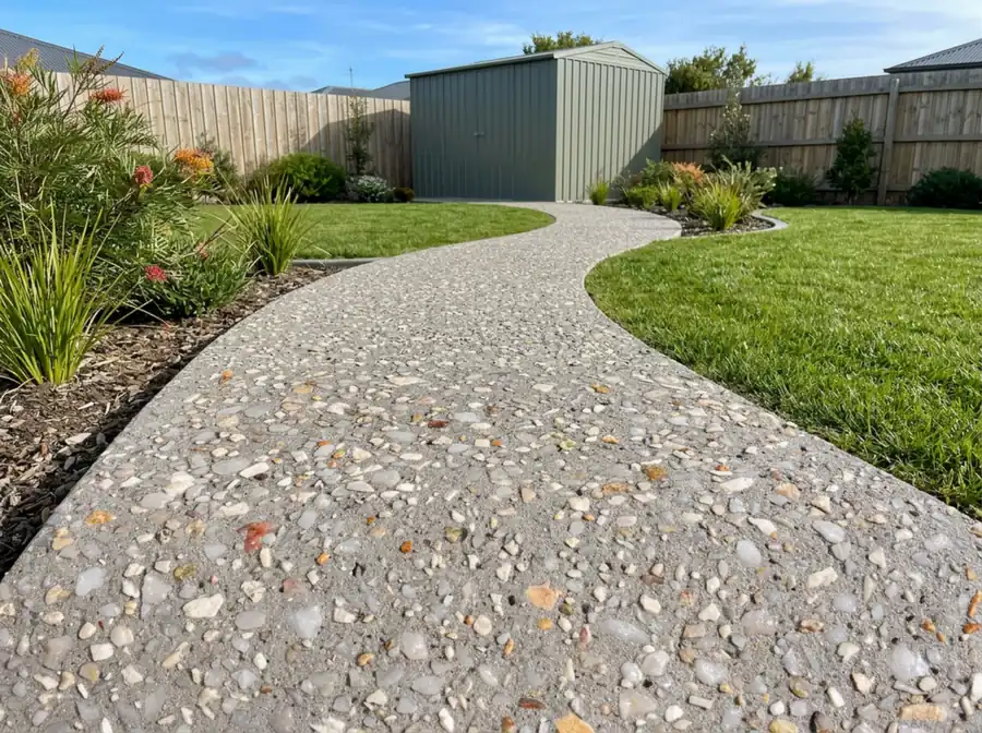 A curved exposed aggregate garden path with cream and amber stone leading to a backyard shed