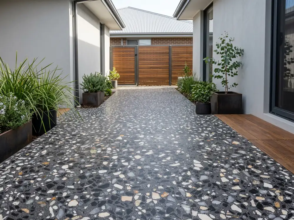 A sealed charcoal honed concrete patio with cream and black stone chips behind a Launceston home
