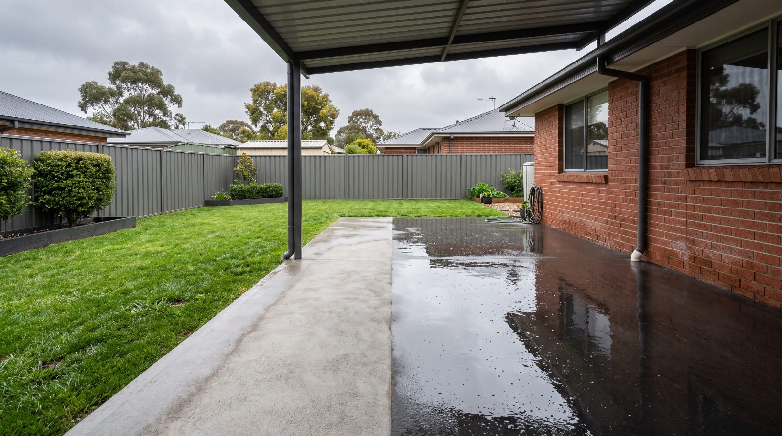 A honed slab running from under a roofline out into the rain