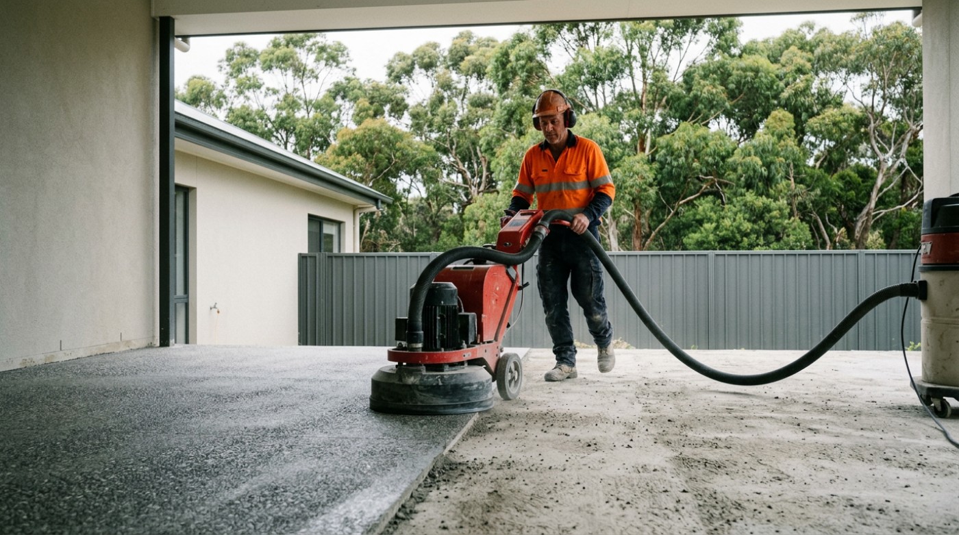 A walk-behind grinder honing a cured concrete slab