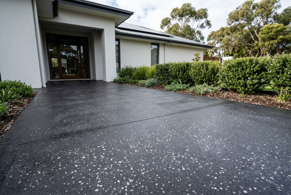 Charcoal, coloured through, honed concrete in Launceston