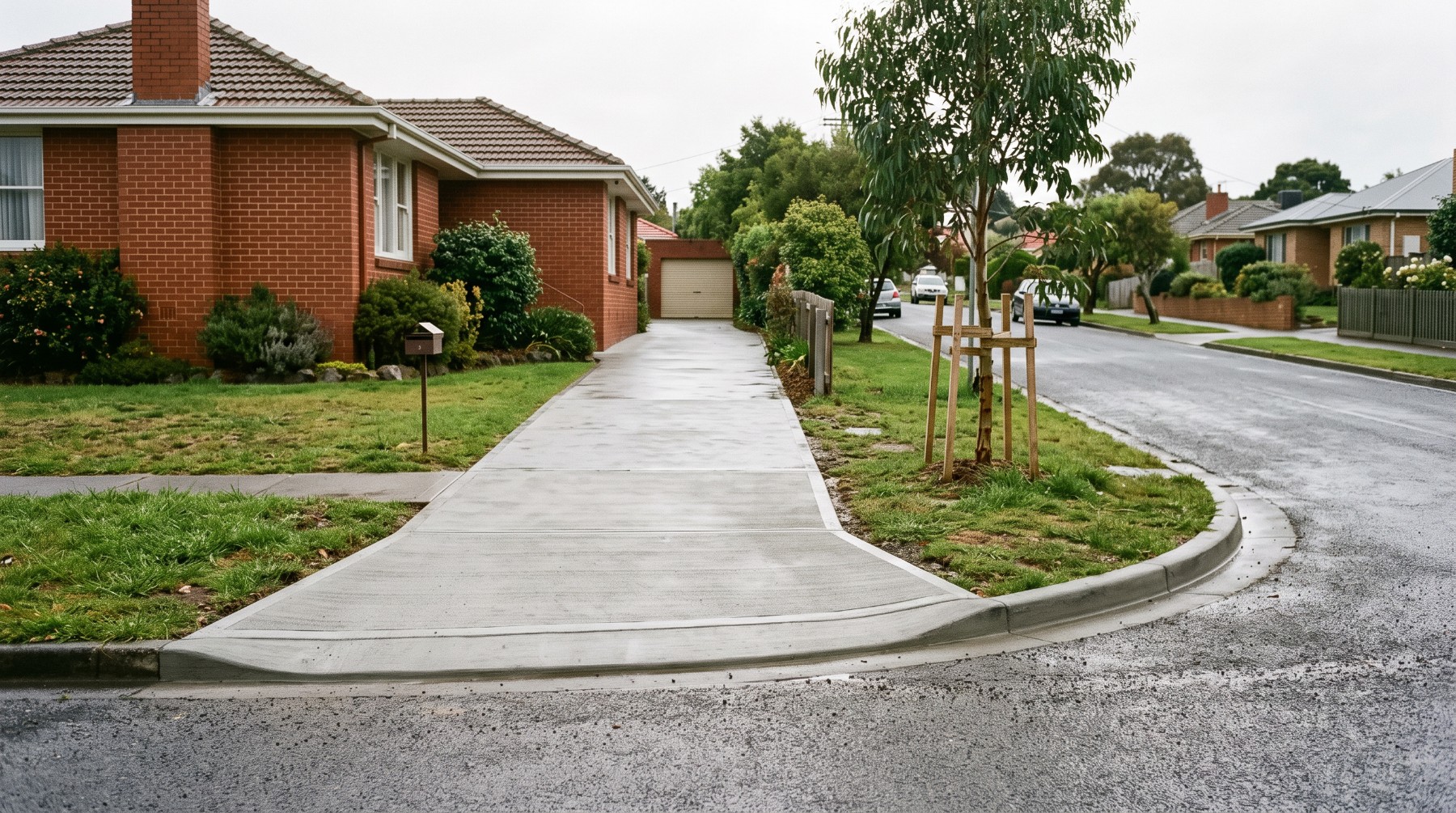 A new concrete driveway crossover with a laid-back kerb on a Launceston street