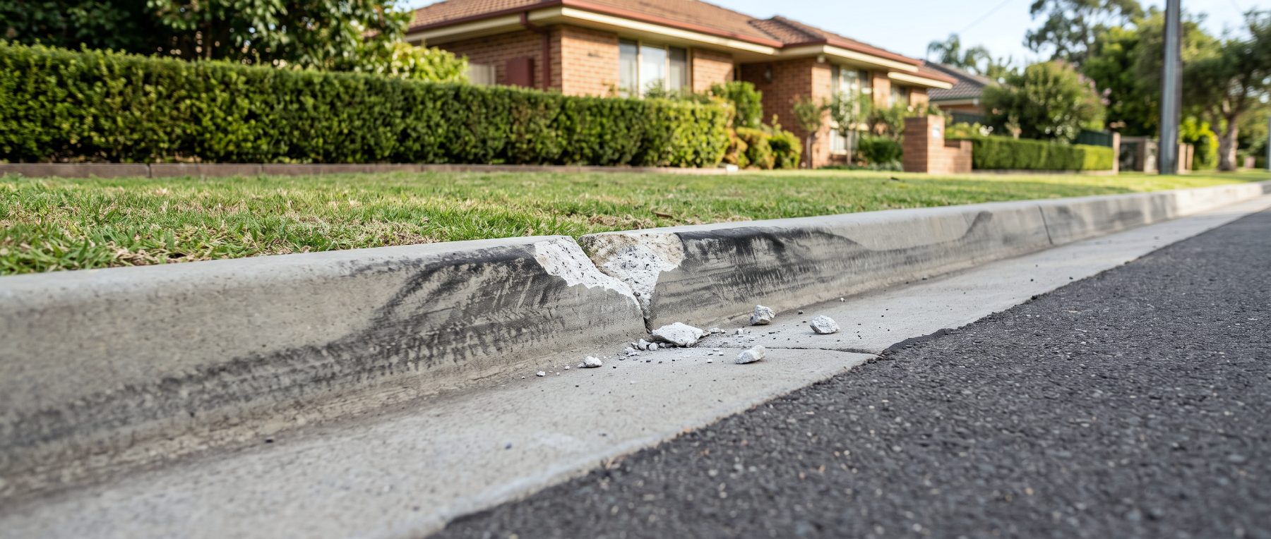 A cracked and broken concrete kerb in a Launceston street gutter