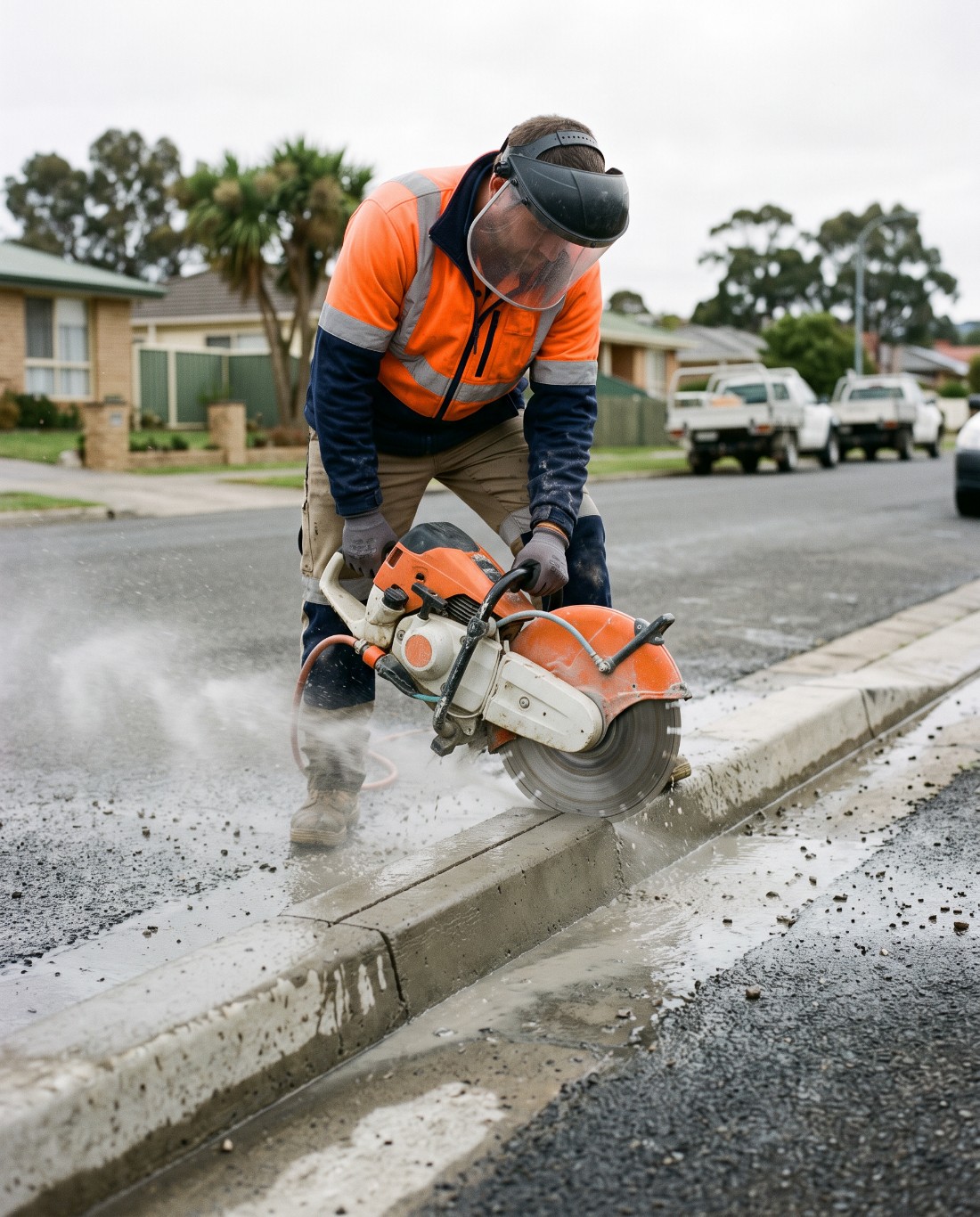 A concrete saw cutting through a street kerb for a new driveway crossover
