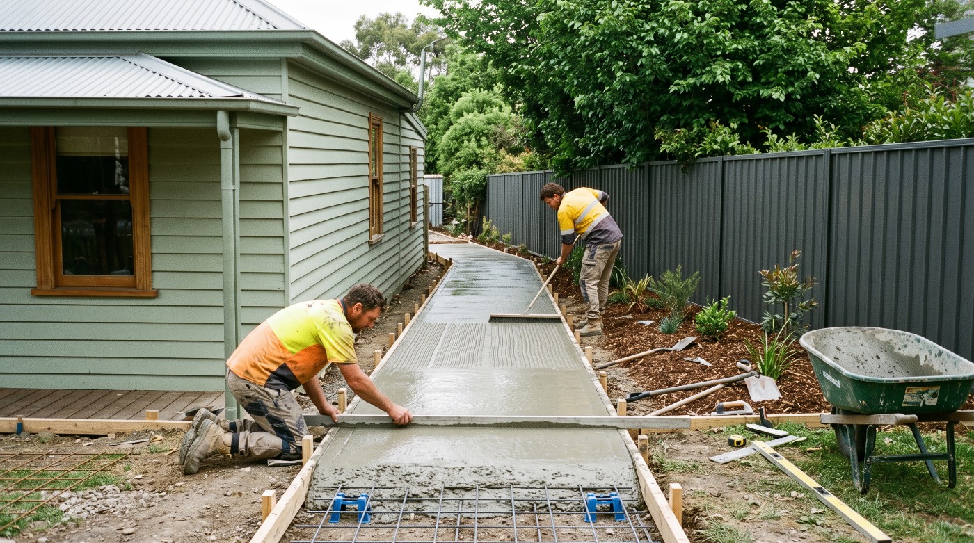Two concreters screeding and brooming a narrow residential path between timber formwork