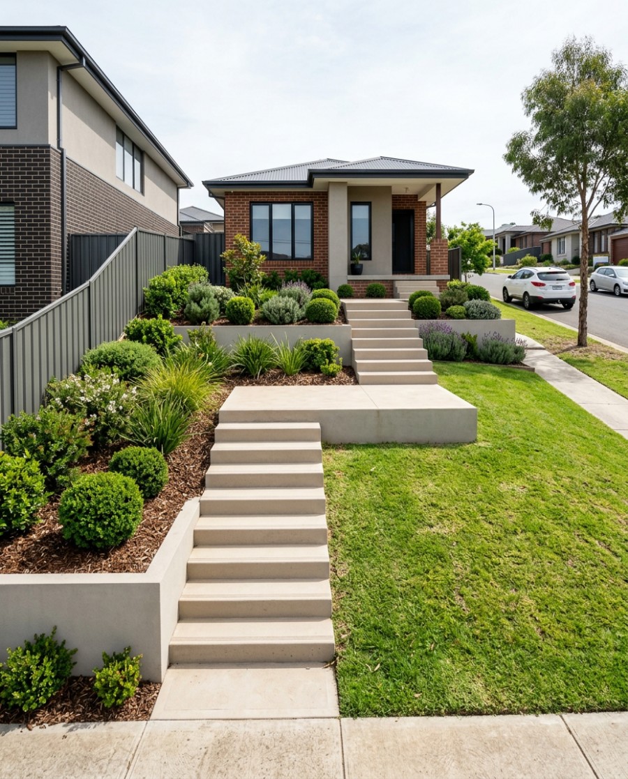 Two flights of even concrete steps with a flat landing between them, climbing a sloping suburban front garden