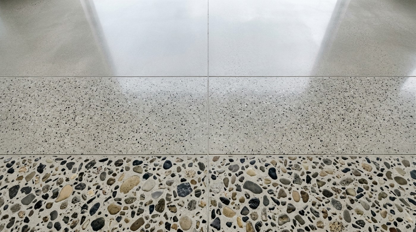 Three grades of aggregate exposure on one polished concrete floor
