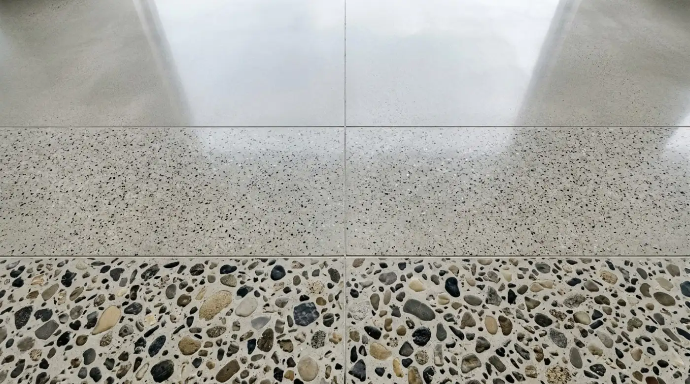 Three grades of aggregate exposure on one polished concrete floor