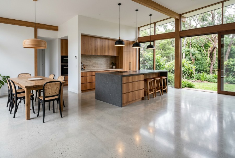 A polished concrete floor through a kitchen and dining area