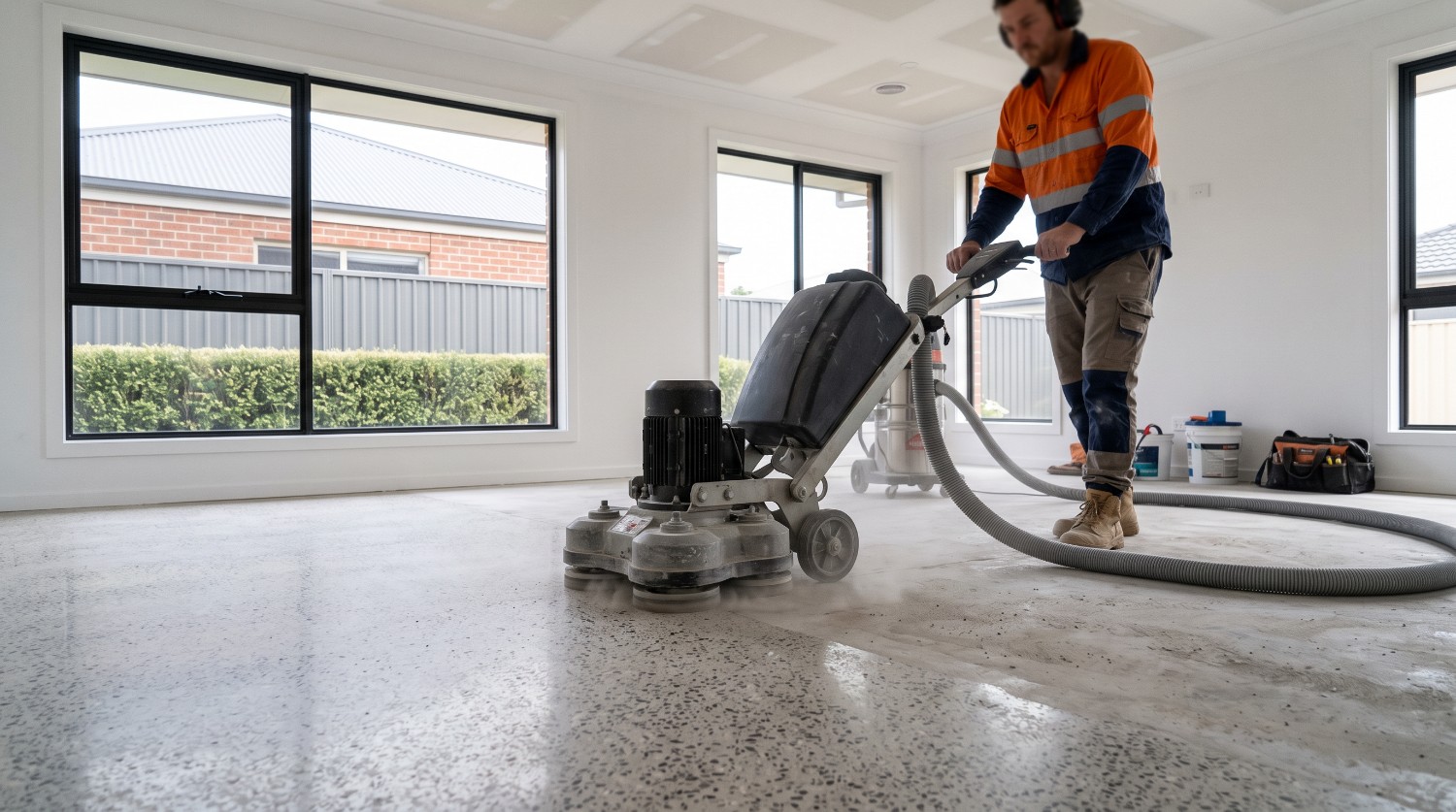A floor grinder polishing a concrete slab in an unfinished room