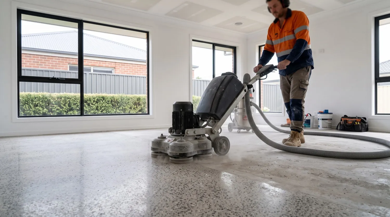 A floor grinder polishing a concrete slab in an unfinished room