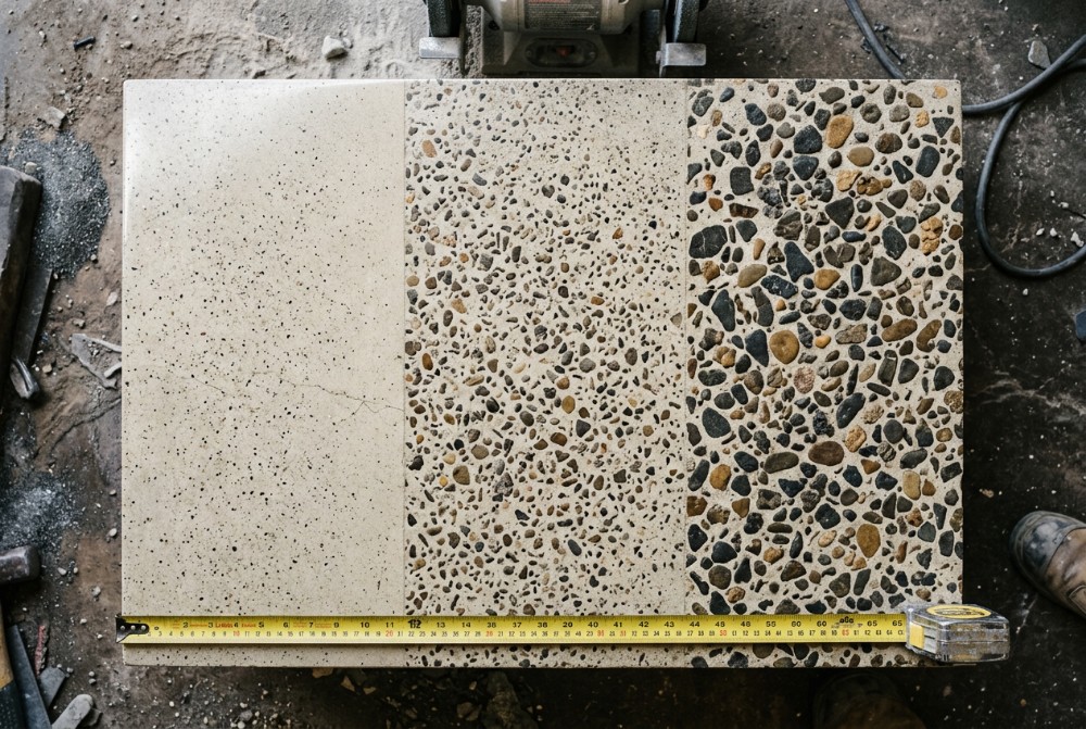 Three exposures compared, a polished concrete floor in Launceston