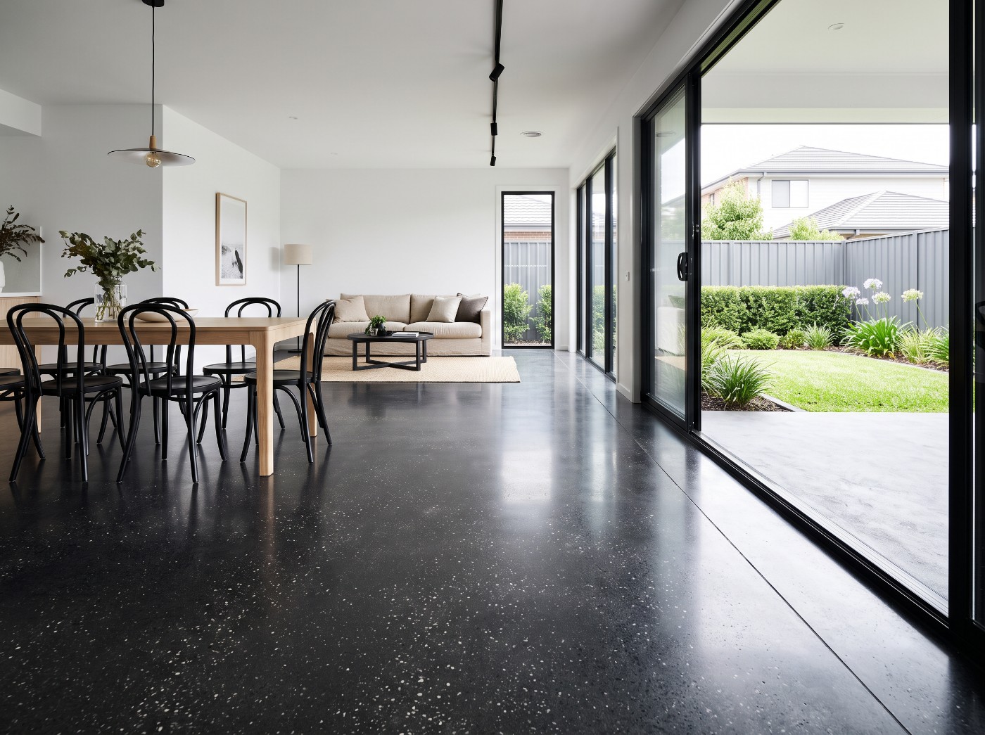 Open-plan living, a polished concrete floor in Launceston