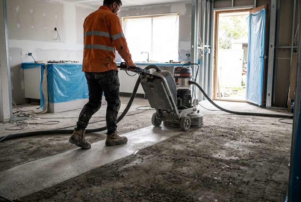 Mid-grind, a polished concrete floor in Launceston