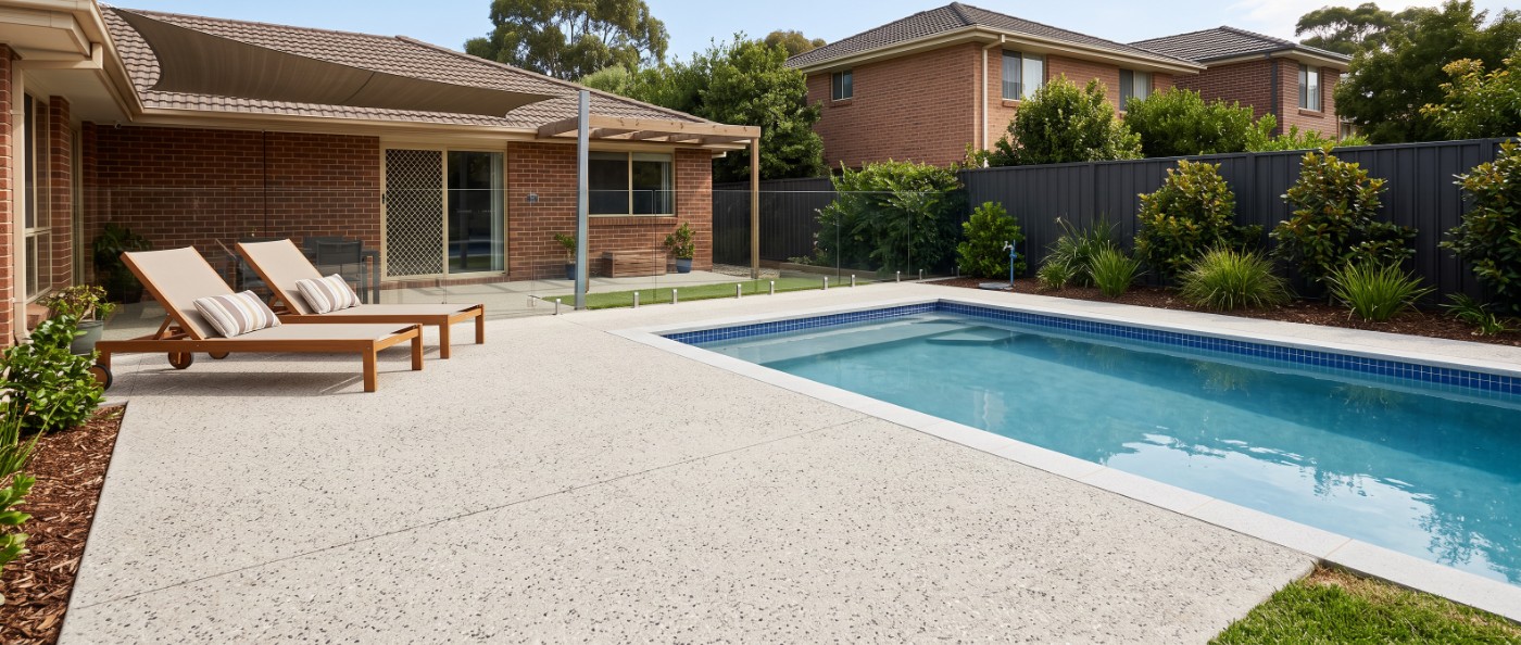 A light honed exposed aggregate pool surround in a Launceston backyard, shaded by a pergola
