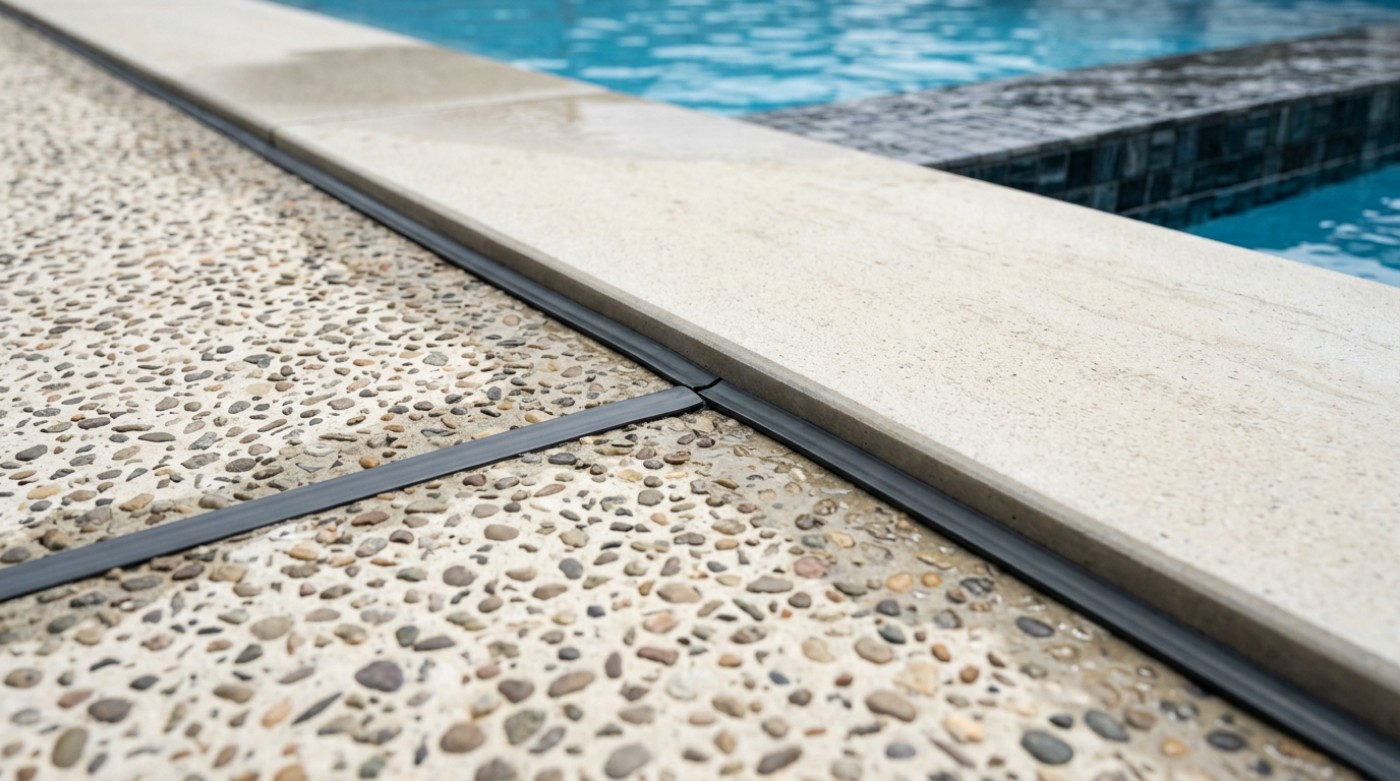 A flexible expansion joint running between pool coping and the concrete surround