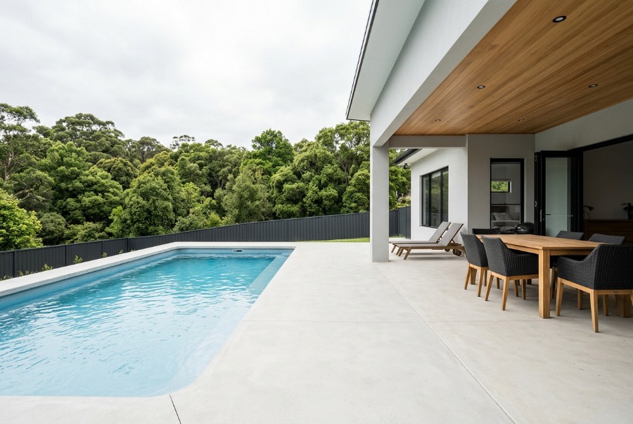 Joined to the Alfresco, a concrete pool surround at a Launceston home